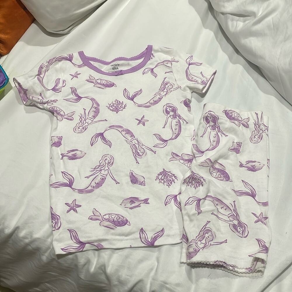 Carters 6 white purple mermaid sea theme short sleeve shorts pajamas 💯 cotton